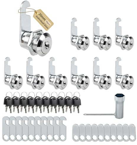 SUPAWAY 10 Pezzi Serratura per Cassetta Postale 20mm Serratura per Mobili Armadietto con 2 Diverse Piastrine di Serratura e 20 Chiavi Universali, Cilindro Serratura a Leva, Serratura a Leva per