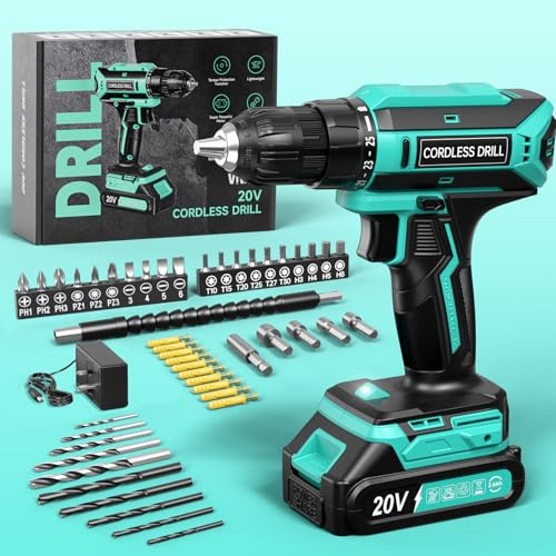 VIWKO Cordless Drill, 20V Electric Combi Drill Set, 25+1 Torque 370 in-lb Power Drills, Electric Screwdriver with 56PCS Accessories LED Light, 2.0Ah Battery Hand Drills Driver for Home Repair DIY Gift