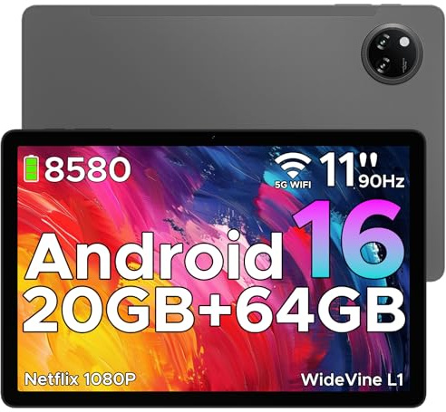 DOOGEE Tab A9+ Android 16 Tablet, Tablet 11 Pulgadas 8580mAh, Tableta Niños Unisoc T7200, 20GB RAM+ 64GB ROM (TF 2TB), 13MP/FM/Face ID/WidevineL1/GPS/Bluetooth 5.0/Altavoces Duales/Jack 3.5mm, Gris