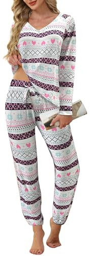 Famulily Ladies Fall Winter Pyjamas Set Printing V Neck Sleepwear Long Sleeve Lounge Wear for Women UK Mult XL