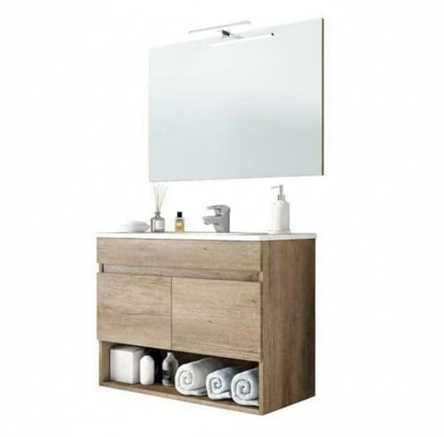 BRICOZONE Mobile Bagno Sospeso 80 Cm Con Lavabo In Ceramica Specchio E Led 30 Cm 2 Ante E 2 Vani A Giorno Struttura In Melaminico Rovere Design Moderno 80x45x64 Cm (Mobile Lavabo Specchio e Led 30 Cm)