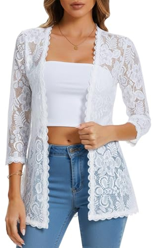 HAWILAND Women Lace Cardigan Ladies Bolero Jacket for Wedding Evening Dress | Ladies Dressy Elegant Cardigans, 3/4 Sleeve Open Front Sheer Blazer, Floral Lace Bolero Shrug