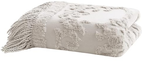 Madison Park 100% Cotton Tufted Chenille Design With Fringe Tassel Luxury Elegant Chic Lightweight, Breathable Cover, Luxe Cottage Room Décor Summer Blanket, 50 x 60, Grey