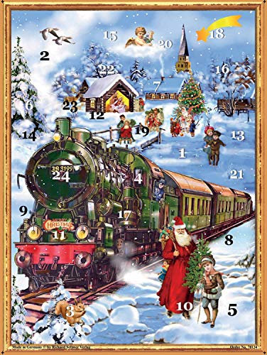 Nostalgischer Adventskalender/Weihnachtskalender mit Bildern und Glimmer für Kinder und Erwachsene Eisenbahn im Schnee