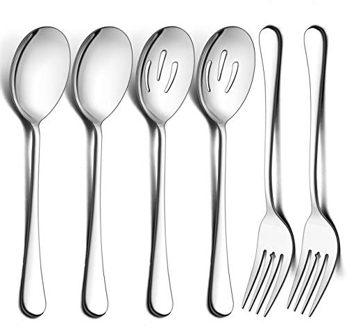 LIANYU 6-Piece Large Serving Spoons and Forks Set, 9.8 Inch Stainless Steel Buffet Catering Party Banquet Serving Spoon Fork, Mirror Finished, Dishwasher Safe