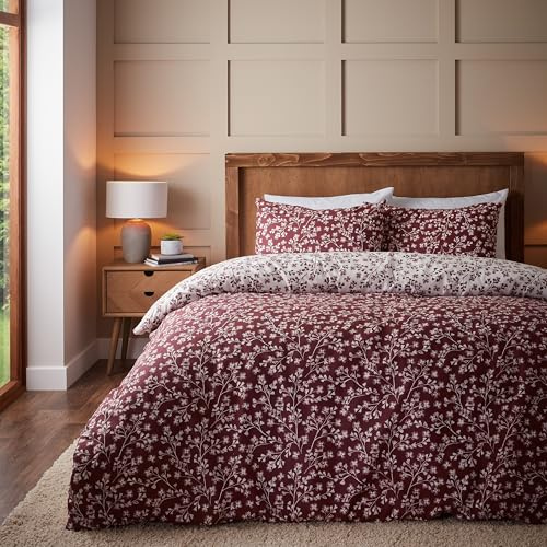 Catherine Lansfield Brushed Grace Floral Leaf Cotton Reversible Double Duvet Cover Set with Pillowcases Red