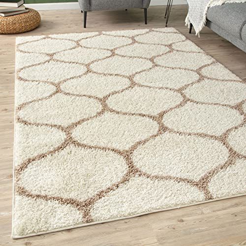 THE RUGS Shaggy Rug – Modern Moroccan Design Rugs for Living Room, Bedroom, Hallway, 3 cm Thick Area Rugs, (Trellis Ivory/Beige, 60x110cm)