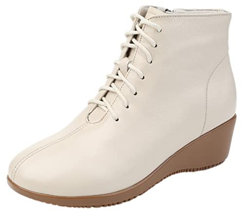 Jamron Donna Moda Vera Pelle Tacco a Zeppa Stivali con Lacci Invernali Stivaletti con Fodera Calda in Peluche Beige Peluche EU40