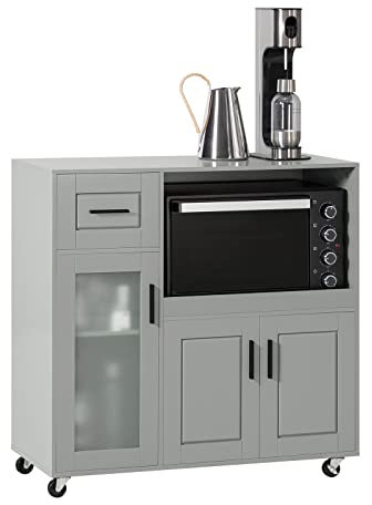SoBuy FSB78-HG Sideboard auf Rollen Küchenwagen Mikrowellenschrank Küchenschrank Rollwagen Aufbewahrungsschrank Küchekommode Küchentrolley Hellgrau BHT ca.: 89x89x40cm