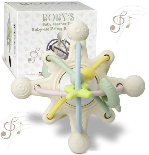 BOBY´S Baby Beißring Sensorisch, Motorikspielzeug Beißspielzeug,Rassel in einer Kombination Greiflinge Aus Silikon 100% BPA frei Spielzeug Rassel Beißring Baby Sensorikspielzeug zum Greifen,MilkWhite
