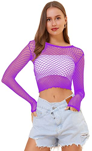 LEMON GIRL - Top da donna a rete a maniche lunghe, babydoll, taglia 38-48, Viola, taglia unica