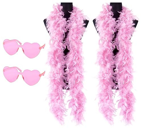 Flintronic Federboa, 2 Stück Bunte Feder Boas mit randlosen Sonnenbrillen, 2M Flauschige Federboa für Damen Kostümzubehör, Feder Schal für Hochzeit Karneval Geburtstag Cosplay Weihnachten (Rosa)