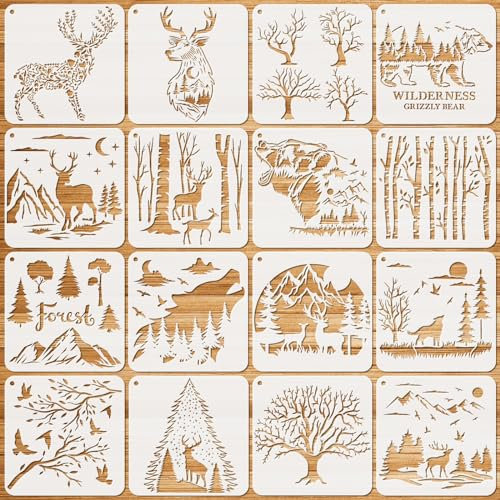 JSRQT 16 Blatt Schablonen Malen Waldtiere, Tiere Schablonen Stencils Malerei auf Holz, Wiederverwendbare Hirsch Bär Wolf Baum Malschablonen-Set für Fotoalbum, Stoff Wand Home Decor(20x20 cm)