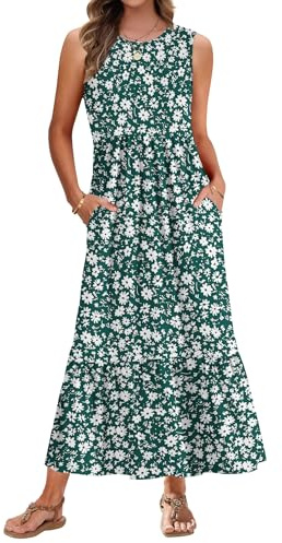 AUSELILY Summer Dresses for Women UK Sleeveless Maxi Dresses Ladies Summer Dresses Beach Coverups Swing Tiered Long Dress with Pockets Green Daisy XL