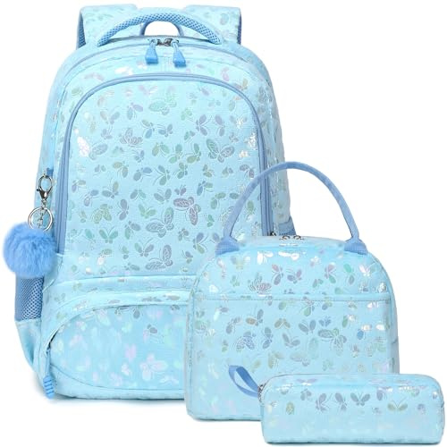 Kimwadalh Cartable Fille Papillon Sac à Dos Peluche Enfant Cartable Primaire pour Scolaire Fille Sets de Sacs Scolaires CE1 CE2 + Isotherme Panier Repas + Trousse