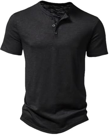 Magliette Uomo Slub Henley Casual Manica Lunga Morbido Comfort vestibilità Regolare Color Nero Size L