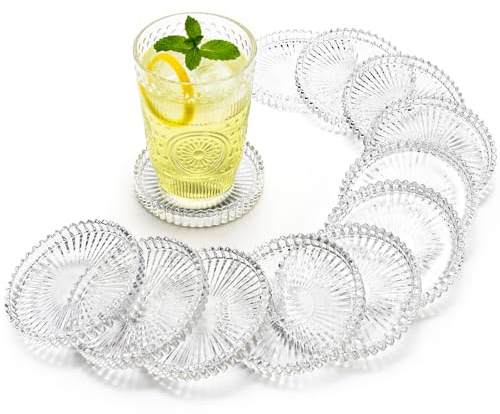 Elsjoy Confezione da 12 portacandele in vetro da 10,2 cm, rotondi in vetro trasparente a coste, sottobicchiere moderno per candele, per matrimoni, feste, centrotavola