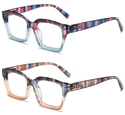 Hubeye Oversize Large Frame Reading Glasses Square Blue Light Blocking 0.00 | Retro Style, Fashion, Comfortable, Coarse Linen Storage Bag For Free, Men Women, Home Office, Blue Stripe+Orange Stripe