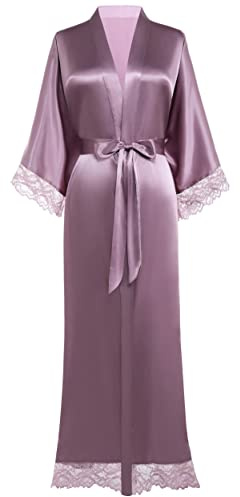 BABEYOND Women's Kimono Dressing Gown Satin Kimono Robe Long Kimono Bridesmaid Bath Robe with Lace Trim for Nightwear Girl's Bonding Party Wedding Pajama Party(lightpurple)