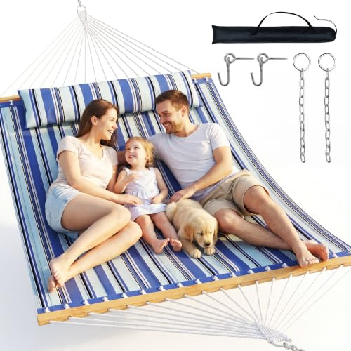 Everyfun 2 Person Quilted Hammock with Spreader Bar, 500lbs Capacity, Blue