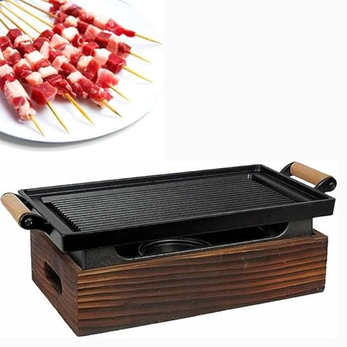 WBRSybUK Barbecue Portatile da Tavolo con Fornello Ad Alcool, Piastra per Barbecue in Stile Giapponese per Hotel, Griglia A Carbone, Tavolo da Pranzo Hibachi con Base in Legno,18x18x15cm