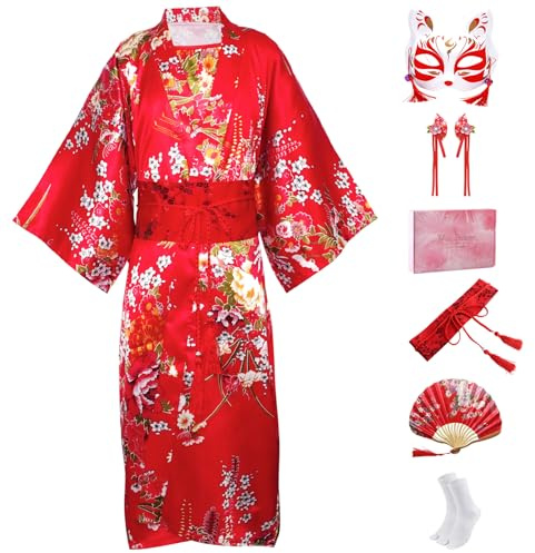 CRFASIBE Enfants Kimono Robe Japonais, Enfants Costumes Japonais Cosplay Vêtements, Kimono Déguisement, Filles Yukata Peignoir Ensemble avec Accessoire(Rouge,150cm)