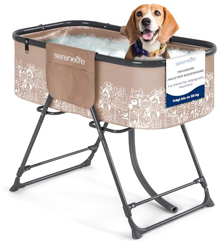 SereneLife Vasca da Bagno Pieghevole per Cani da Interno ed Esterno, Altezza Regolabile 86 cm, Tubo di Scarico e Tasche Portaoggetti, Accessori per Cani, Adatta Anche ad Altri Animali