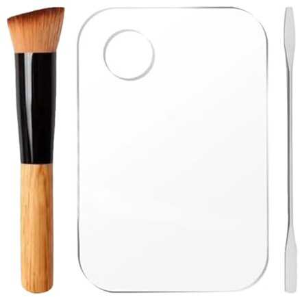 AEUXZA Set de Maquillaje de 3 Piezas con Paleta de Mezcla, Espátula y Brocha para Base - Paleta Transparente de Acrílico para Base, Sombras de Ojos y Nail Art - Herramientas Profesionales de Belleza