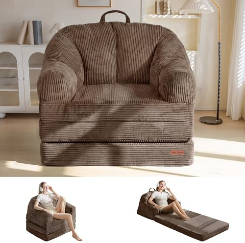 MAXYOYO Folding Sofa Bed with Backrest, Boneless Fold Out Couch Bed with Handle, 2 in 1 Convertible Bean Bag Chair to Floor Sofa Lounger, Comfy Folding Couch for Bedroom & Living Room, Brown