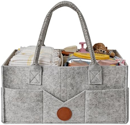 Filt Skötväska Organizer med Avtagbar Skiljevägg, Hopfällbar | Rymlig Blöjförvaringslåda med flera fickor, Förvaringskorg för Baby, Perfekt för Blöjbyte Hemma, Resa & Bil | 38x25x18 cm