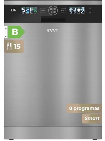 Lavavajillas D6 Libre Instalación 60 cm - Clase B Alta Eficiencia, 15 Cubiertos, 8 Programas, Apertura Automática, Luz UV e Inicio Diferido - Lavavajillas Acero Inoxidable Inox con Secado Turbo (Inox)