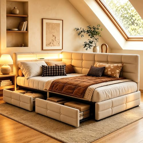 Julyue Polsterbett 90x200 mit RGB LED und USB-C Ladestation, Eckbett Schlafsofa Tagesbett, 2 Schubladen Stauraum, Jugendbett mit Lattenrost, Beige Leinen, Links oder rechts montierbar, ohne Matratze