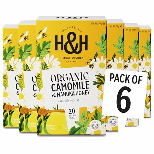 Heath & Heather • Organic Camomile with Manuka Honey 6 x 20 Boxes | Organic Camomile with Manuka Honey • Calming Herbal Tea • 6 x 20 Boxes (120 Tea Bags)