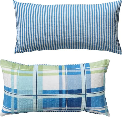 Erwin Müller Wende-Zusatz-Kissenbezug, Kissenhülle, Karo, Streifen Seersucker blau-grün Größe 40x80 cm - schnell trocknend, bügelfrei, temperaturausgleichend, mit Reißverschluss