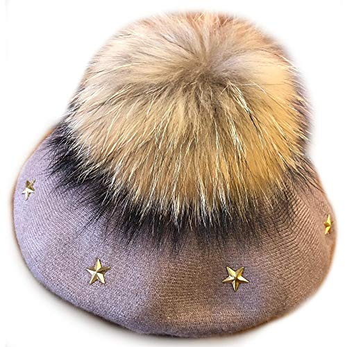 Brillabenny Basco Berretto Donna Lana Cashmere PON PON Pelliccia Vera Cappello Cuffia Donna Hat cap Luxury (Beige con Stelle)