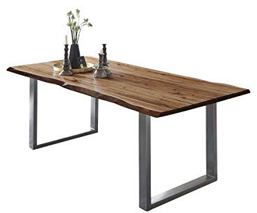SAM Esszimmertisch 200x100 cm ULM, Baumkantentisch naturfarben, Akazienholz massiv, U-Gestell aus Metall Silber
