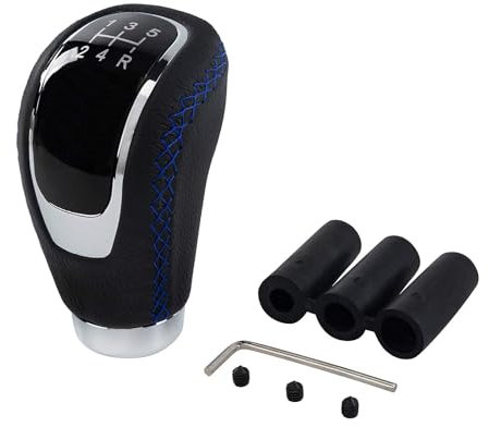 Possbay Universal Gear Shift Knob Manual Gear Shifter Stick Car Shifter Adapter with 3 Adapters 8mm 10mm 12mm for Cars Aluminum Alloy Leather (Black and Blue)