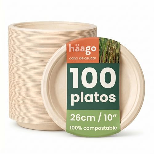 HAAGO 100 Strong Compostable Sugarcane Plates, 26 cm / 10 Inch Dinner Plate – Heavy Duty, Grease- & Leak-Proof Paper Plates – Biodegradable & Disposable for Hot & Cold Food, Parties, BBQ, Catering