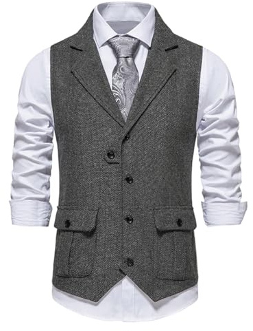 Allthemen Chaleco de traje formal hombre de tweed con solapa vest casuales de espiga para boda de fiesta vintage sin mangas Gris S