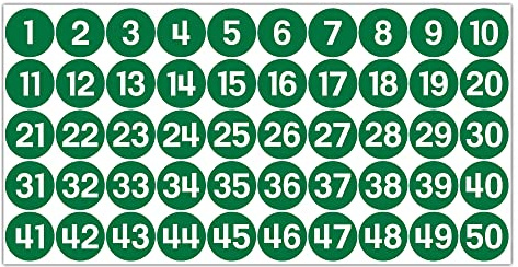 GamesMonkey® - Etichette Numeri Adesivi Cerchi - Verde - da 1 a 50 - (50-500 - 2500 pezzi)(10-25 mm) Vinile Impermeabile - Inventario Consecutivi (25 mm - 2,5 cm, 50 Pezzi - 1 Foglio)