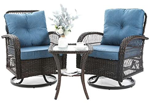 VONZOY 3 Pieces Patio Furniture Set, Outdoor Swivel Glider Rocker, Wicker Patio Bistro Set with Rocking Chair, Thickened Cushions and Table for Porch (Blue)
