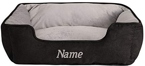 lionto Hundebett 2-in-1 mit komfortablem Einstieg, kuscheliges Heimtierbett zum Wenden für Hunde und Katzen, 80x60 cm, Hundekissen in pflegeleichter Wildlederoptik, schwarz/grau (Namensaufdruck)