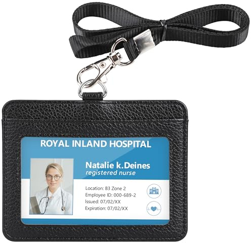 Teskyer Card Holder with Lanyard, ID Badge Holder, Oyster Card Holder, Bus Pass Holder, with Clear Window, Holding 2 Cards, PU Leather, Horizontal, Black