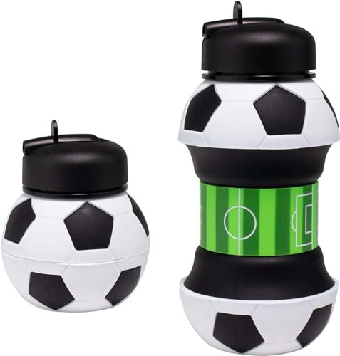 Shalwinn Wasserflasche aus Silikon,Trinkflasche Faltbar BPA Frei Spülmaschinenfeste Sportflasche für Schule Freizeit und Sport inkl Karabinerhaken Faltbar Flasche Fussball