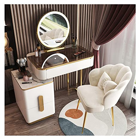Juego de tocador de cristal, tocador, maquillaje, moderno, simple, avanzado, de madera, tocador, dormitorio, tocador, espejo inteligente, taburete de maquillaje, tocador, escritorio para mujeres/niña