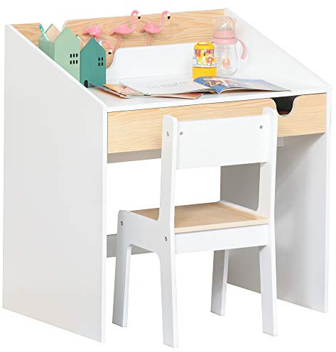 HOMCOM Escritorio para Niños con Silla de 3 a 6 Años Pupitre Infantil de 2 Piezas con Cajón y Estantes de Libros Escritorio Infantil para Estudio Dormitorio Blanco y Natural