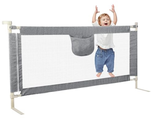 Willonin Barrière de lit de 150/180/200 cm, Protection Contre Les Chutes, Réglable en Hauteur 70-105 cm, Barrière de lit pour Tout-Petits, Barrière de lit avec Filet aéré,Facile à Monter (200cm,Gris)