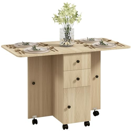 HOMCOM Mesa Plegable de Comedor Mesa de Cocina Plegable con Ruedas Alas Abatibles Cajones y Armario para 4-6 Personas 120x60x76,5 cm Natural