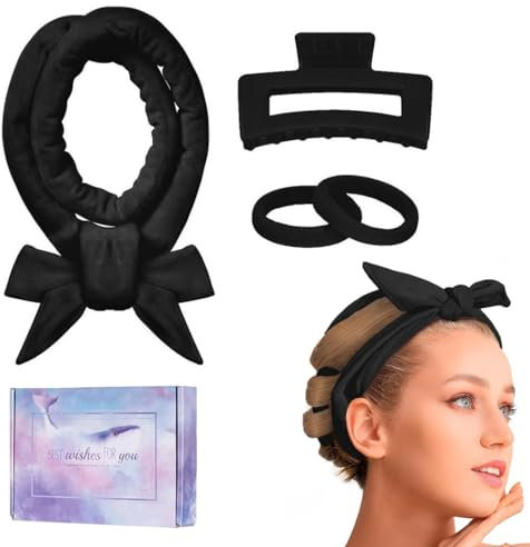 QIBZI Bigodini per styling capelli Set di 4 fasce per arricciacapelli nere in scatola, bigodino lungo, senza calore, velluto, bigodino morbido, adatto per capelli da medi a lunghi