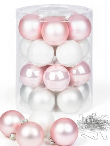 Inge Glas Weihnachtskugeln mit Haken | Schöne Christbaumkugeln aus Glas | Set 20 Kugeln und 40 Aufhänger | Christbaumschmuck Weihnachtsbaumkugeln (Noble Rose | rosa weiß)